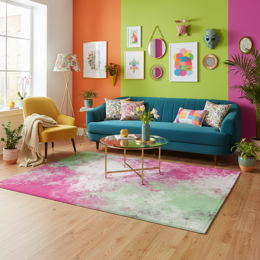 Abstract geometric area rug in pink and green with mottled paint-style pattern.