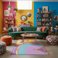 Abstract geometric rug with purple, teal, and orange wavy patterns