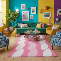 Pink and white abstract geometric area rug with large rounded shapes