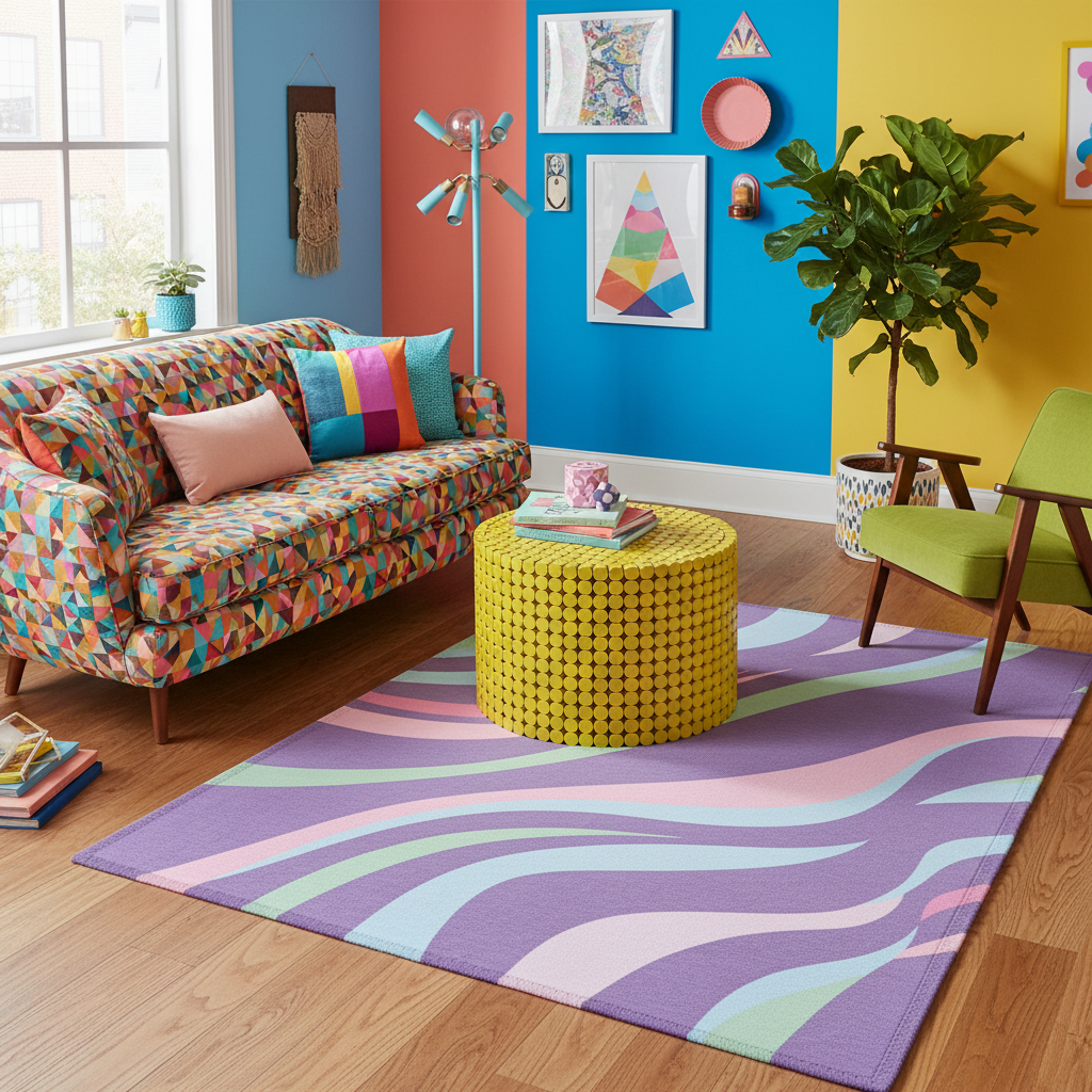 Rectangular purple rug featuring wavy geometric bands in mint and teal.