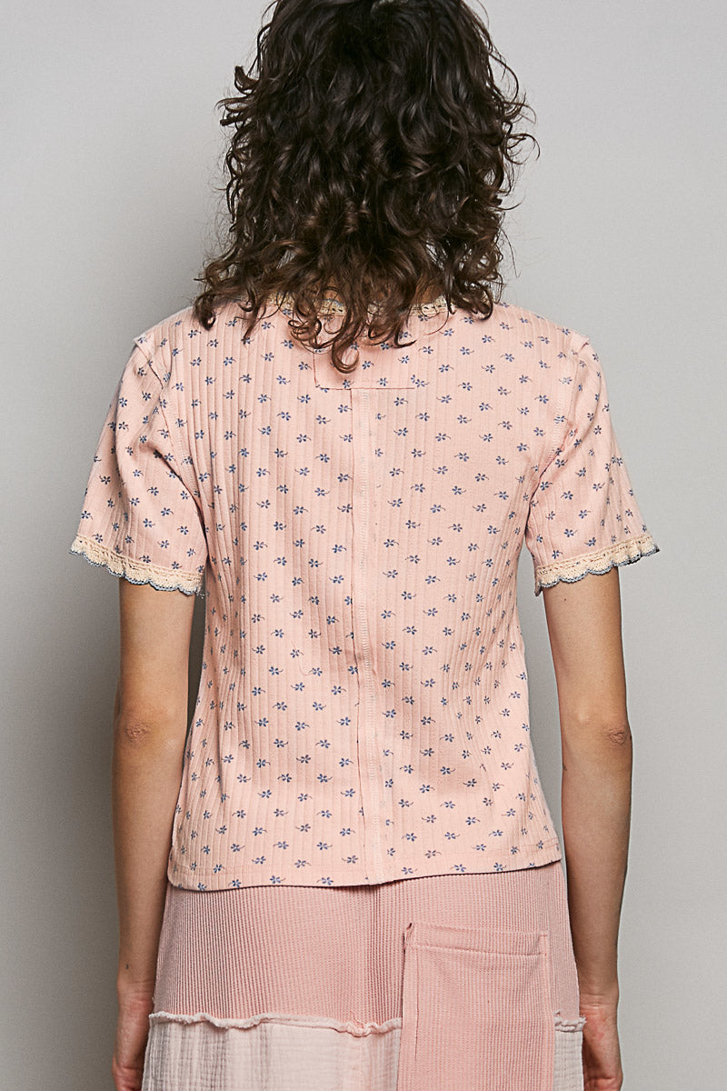Soft pink floral short-sleeve T-shirt with lace-trim details, back view