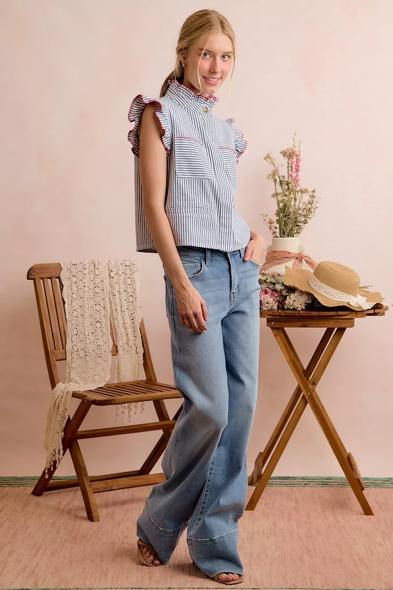 Blue-and-red striped twill vest top with ruffled sleeves and hidden button placket