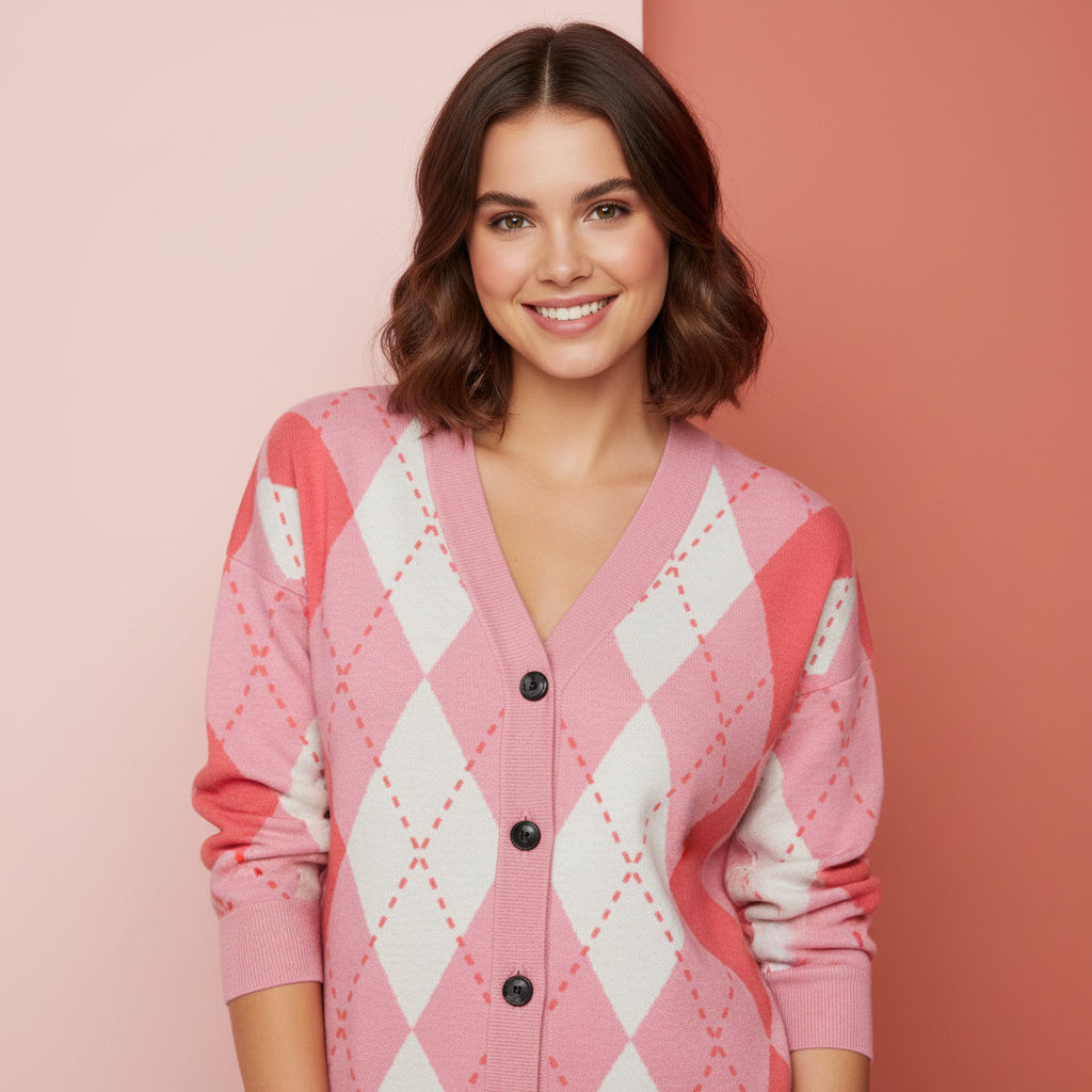 Red Cardigan Womens | Unisex Aesthetic Pink Argyle Jacquard Knit