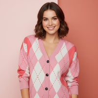 Red Cardigan Womens | Unisex Aesthetic Pink Argyle Jacquard Knit