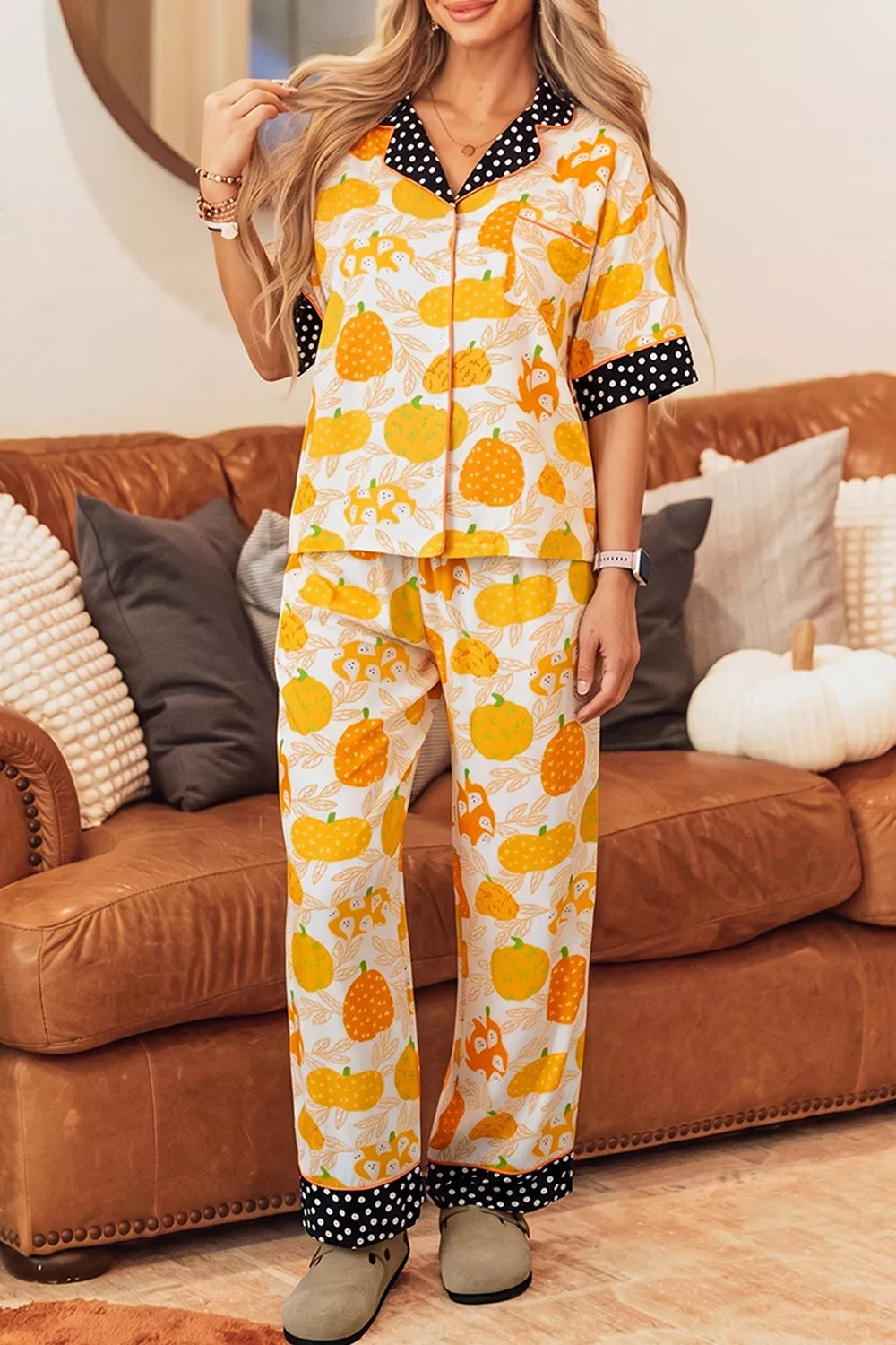 Pumpkin print lounge pajama set with short sleeves, button placket, polka-dot trim, pocket