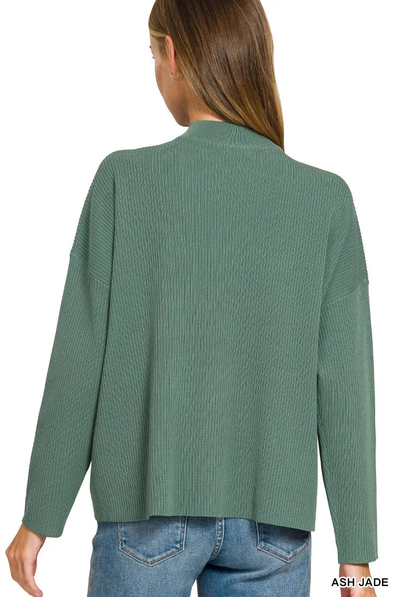 Teal-green knit sweater top back view with matching wide-leg pants