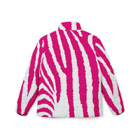 Puffer Coat White | Stylized White and Pink Zebra Print Jacket