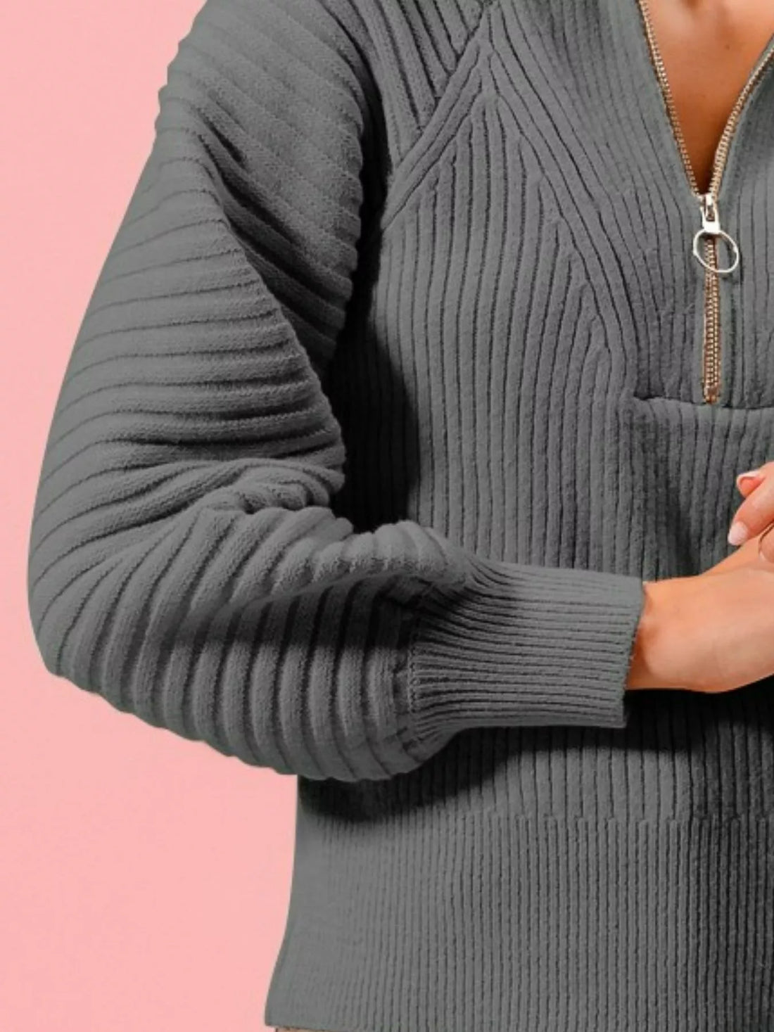 Charcoal ribbed knit sweater with long balloon raglan sleeves