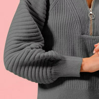 Charcoal ribbed knit sweater with long balloon raglan sleeves
