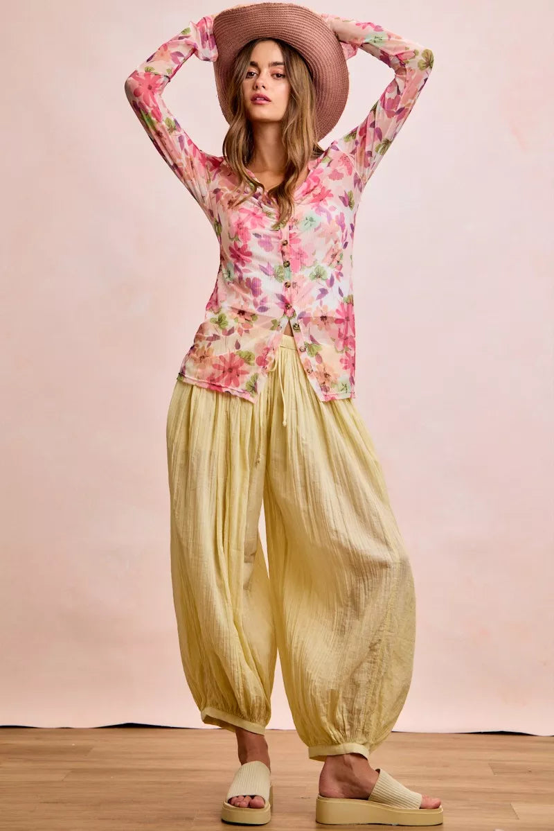 Floral mesh button-up cardigan top with pink floral print, V-neck buttons, long sleeves