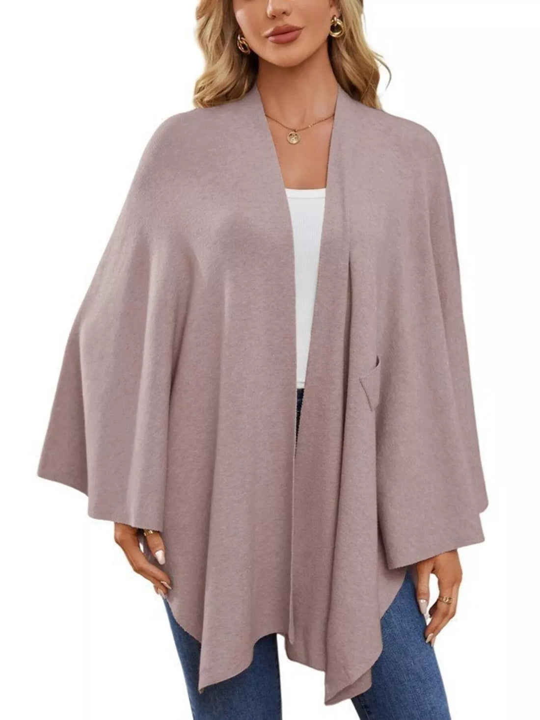 Women’s drape shawl cape in light purple-gray with open front and wide sleeves