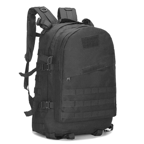 Black 40L tactical backpack with front MOLLE webbing, zip compartments, and padded straps