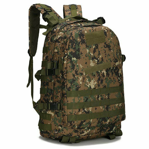 40L tactical backpack in digital camouflage with front MOLLE webbing and adjustable straps