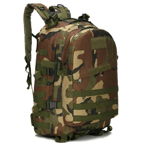 40L tactical backpack in green and brown camouflage with MOLLE webbing and compression straps