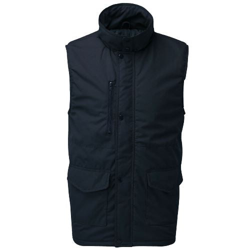 Navy quilted gilet with a high collar, front zip, and flap pockets