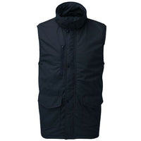 Navy quilted gilet with a high collar, front zip, and flap pockets