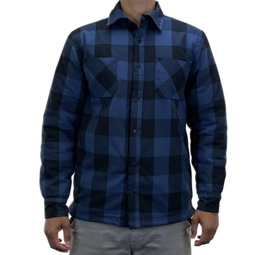 Blue and navy plaid work shirt with button front and two chest pockets.