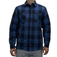 Blue and navy plaid work shirt with button front and two chest pockets.