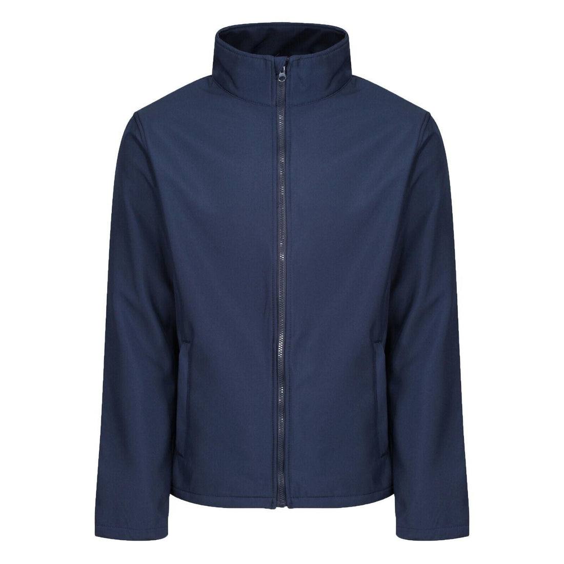 Navy softshell jacket with a stand collar, full-length front zipper and two zip pockets.