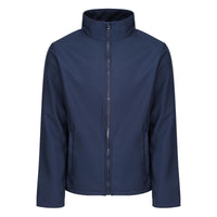 Navy softshell jacket with a stand collar, full-length front zipper and two zip pockets.