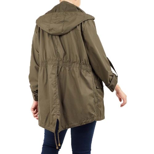 Plus size rain mac back with hood and gathered waist, olive green