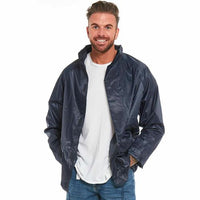 Navy waterproof jacket worn open with a raised collar and side pockets
