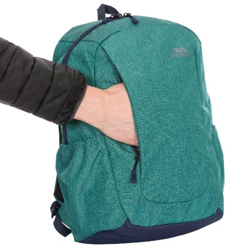 Teal Trespass ALDER backpack with a hand accessing its front zip pocket.
