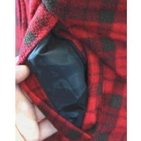 Men's red plaid sherpa shirt jacket with dark smooth lining