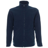 Navy men's microfleece jacket shown flat, with a high collar, full zip, and two pockets