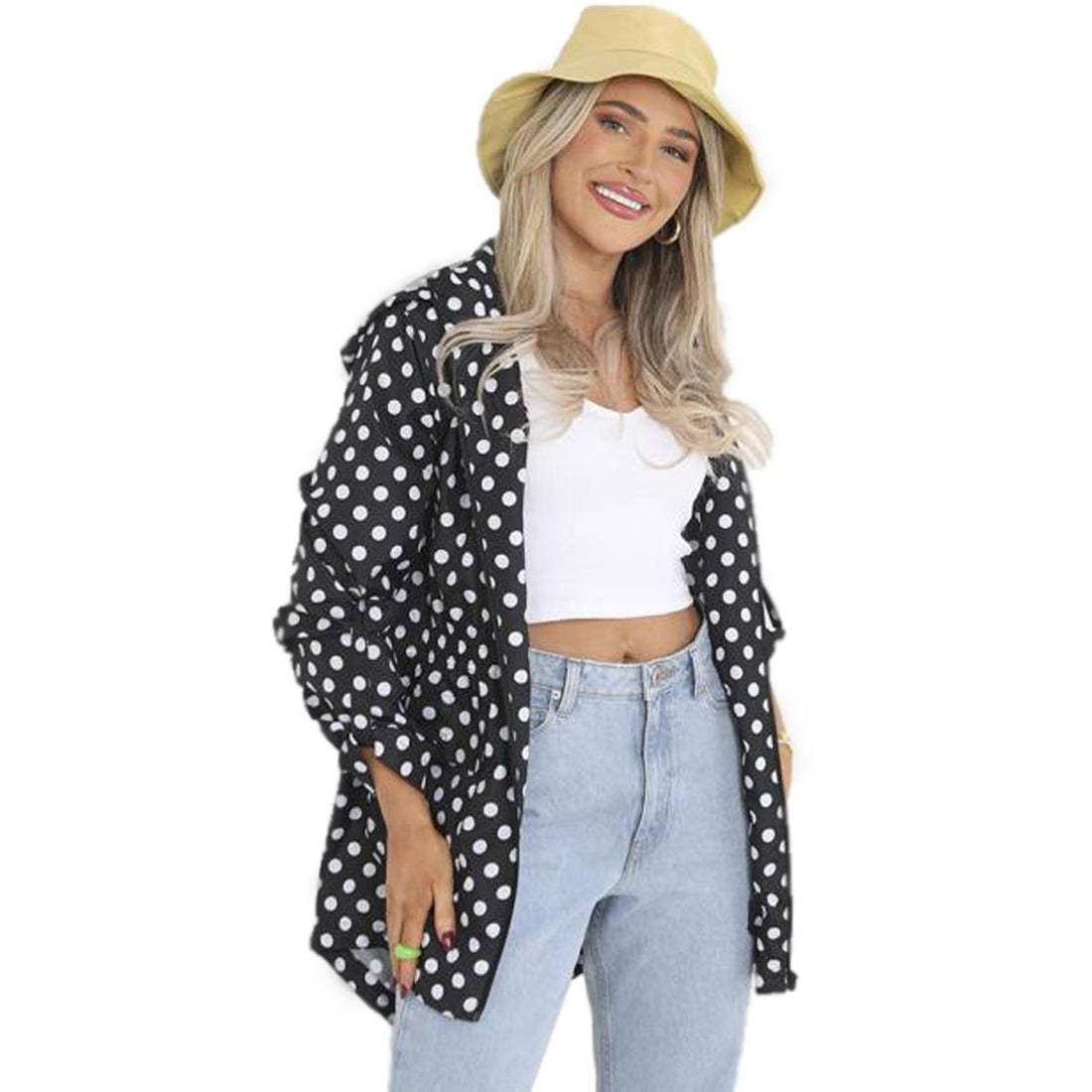 Black polka-dot rain mac with hood, front zip and drawstring hem