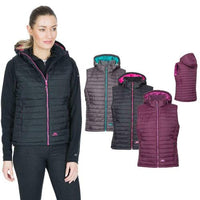 Women's padded gilet shown worn in black, with a hood and contrasting zipper; other color options pictured.