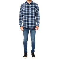 Men's blue and white check flannel shirt with long sleeves