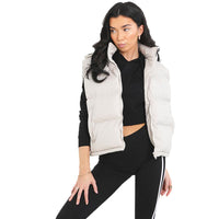 Ladies padded hooded gilet with zip front, sleeveless light-colored paneling