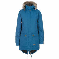 Blue waterproof parka jacket with faux-fur hood, front pockets, and back view