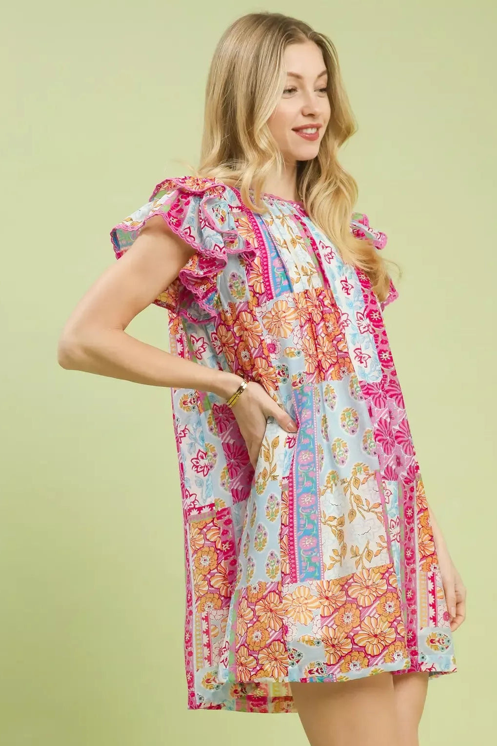 Pink mix patchwork mini dress with flutter cap sleeves and round neckline