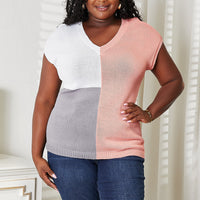 Color-block V-neck knit top in white, gray, and pink, short sleeves, full body view.