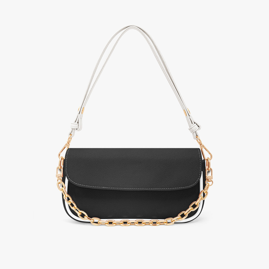 Black mini shoulder bag with flap and gold chain-link strap, leather-look finish