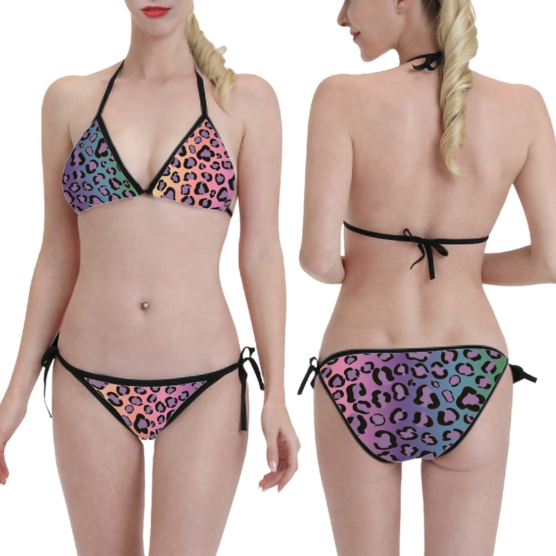 Triangle Bikini Set Black Multi Colour Leopard Print Adjustable Swimwear