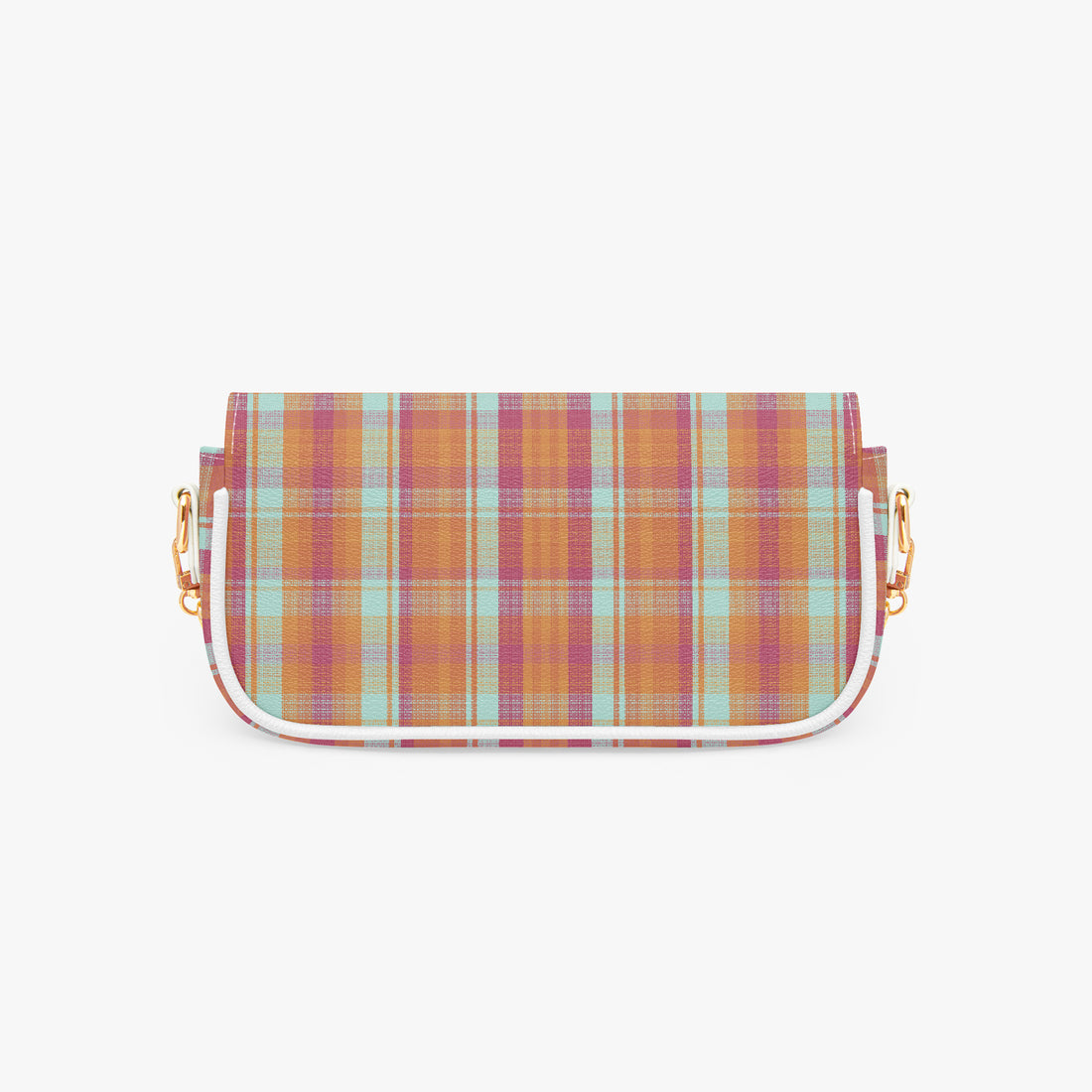 Plaid shoulder bag front view with top flap and white trim on sides