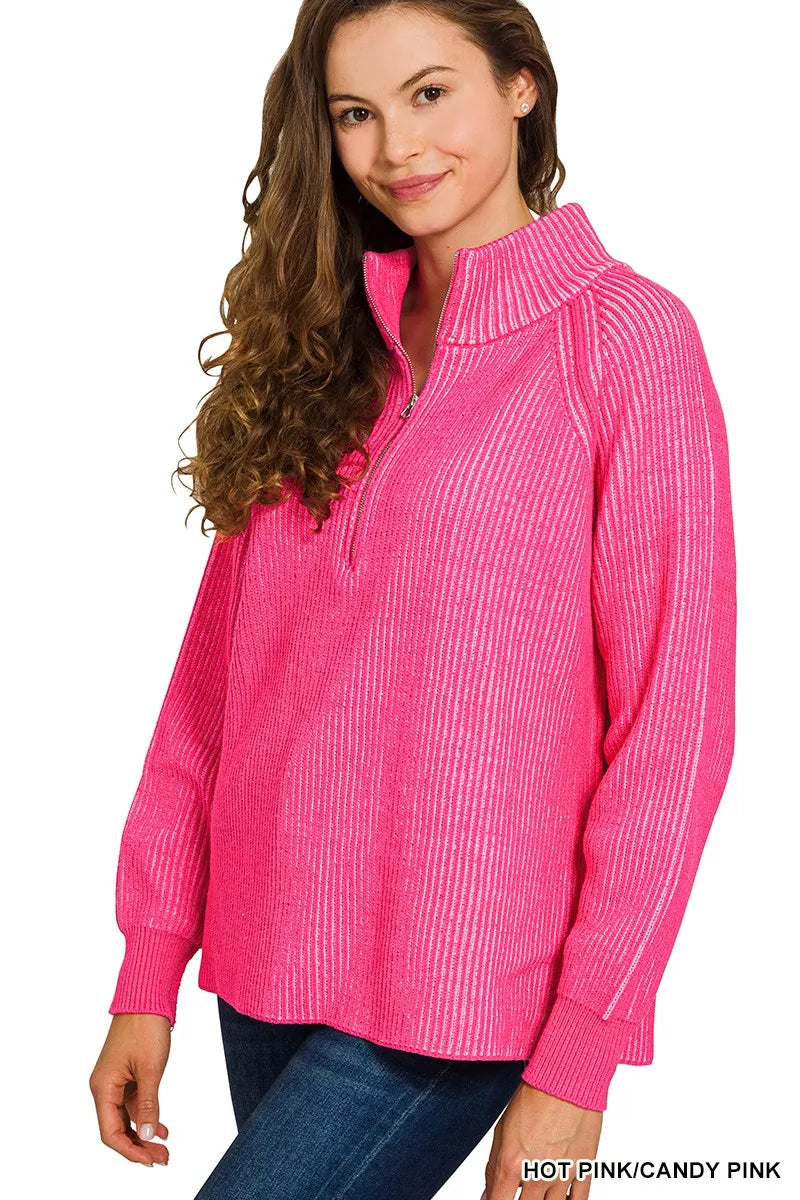 Hot pink ribbed half-zip sweater with contrast collar and long sleeves
