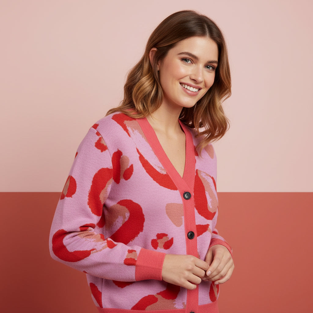 Cardigan Hearts | Unisex Pretty Aesthetic Pink Leopard Print Jacquard Knit