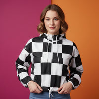 Checkered Windbreaker | Women's Cropped Pullover Hooded Jacket