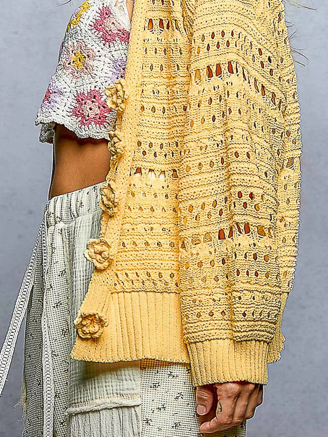 Close-up of yellow open-knit button cardigan sleeve with pom-pom detail and ribbed cuff