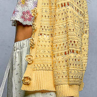Close-up of yellow open-knit button cardigan sleeve with pom-pom detail and ribbed cuff