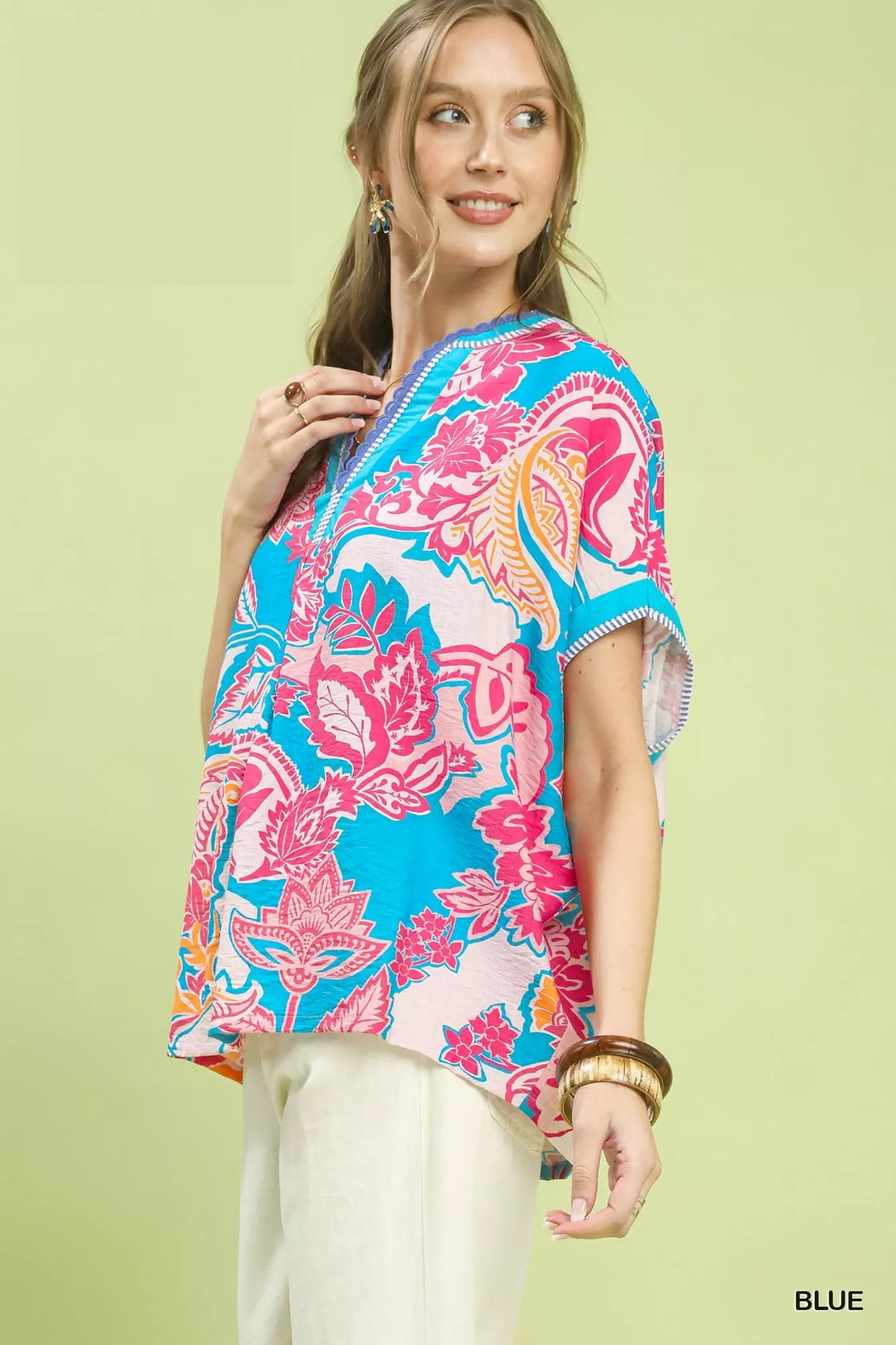 Blue and pink oversized print top, V-neck with contrast trim, short sleeves