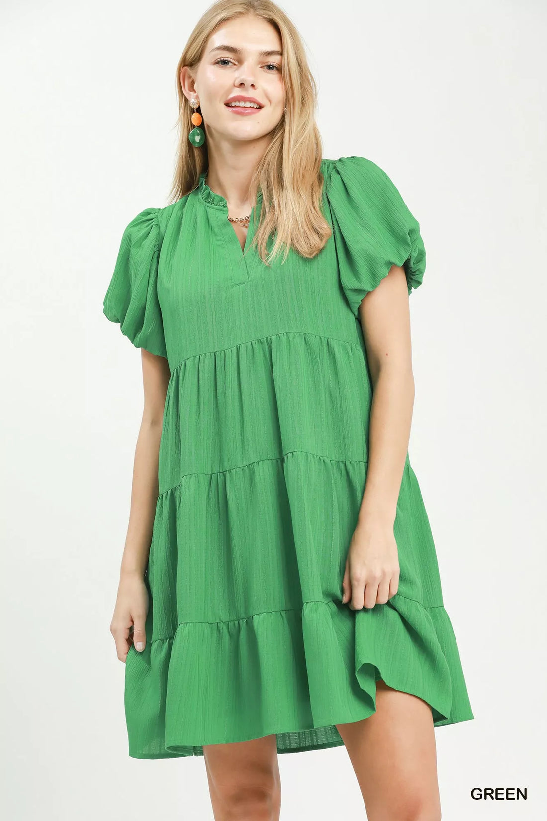 Green tiered babydoll dress with puff sleeves and V-neck, short length