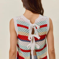 Women’s sweater knit tank top, back tie detail with striped knit fabric