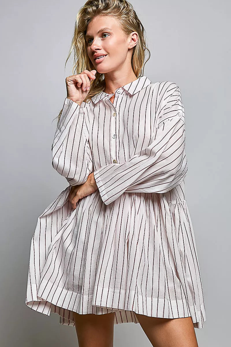 Striped woven shirt dress with collar, button front, gathered waist, long sleeves