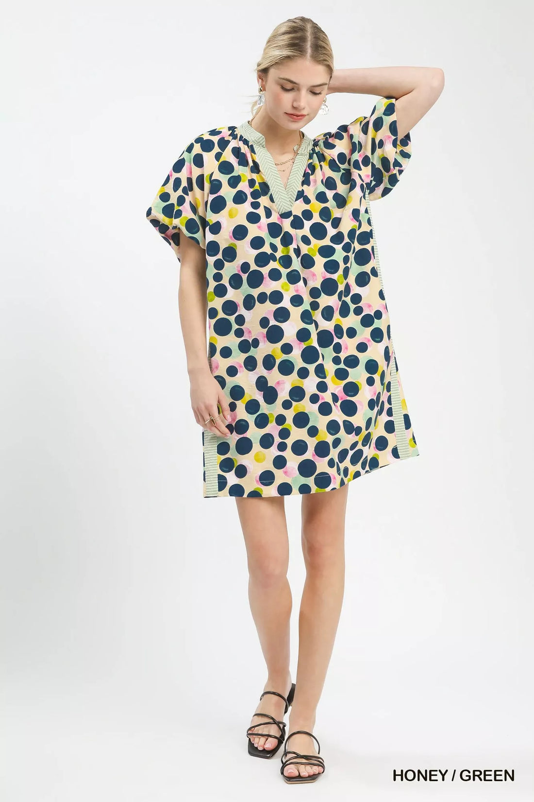 Relaxed polka dot tunic dress, honey/green with navy spots and pink highlights