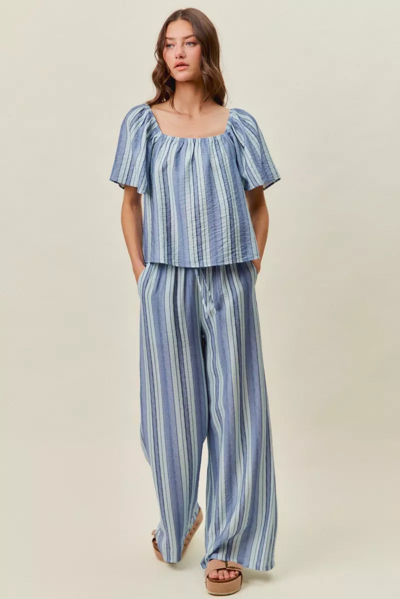 Blue and white vertical stripe wide-leg pants with pull-on waist